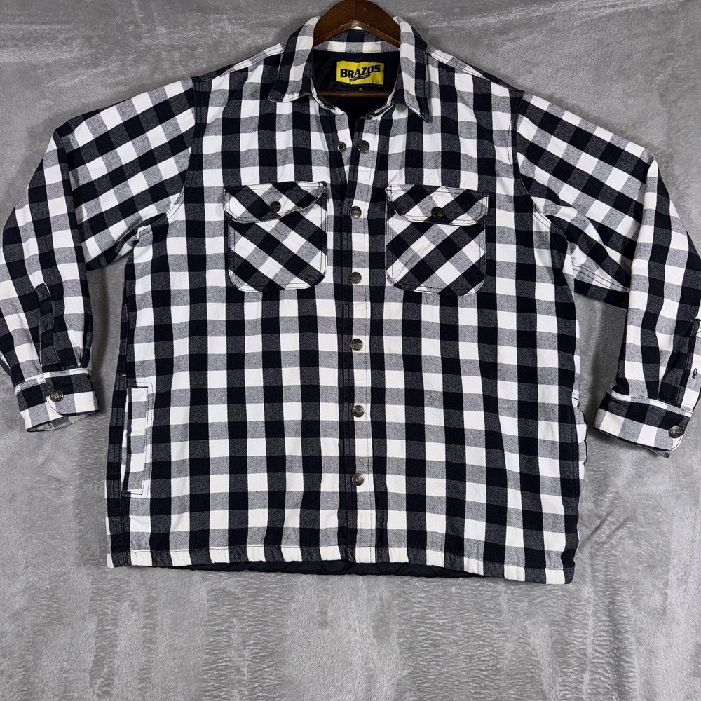 Brazos Work Force Men's Black/white Plaid Flannel Jacket Shirt‎ XL Quilted Lined